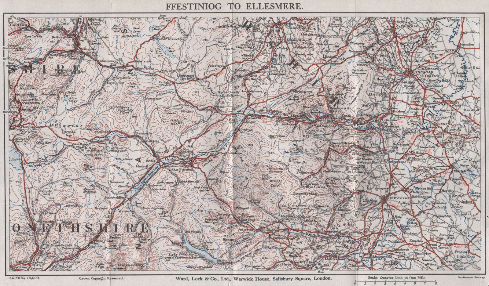 NORTH CENTRAL WALES. Ellesmere Bala Llangollen Wrexham Oswestry 1935 old map